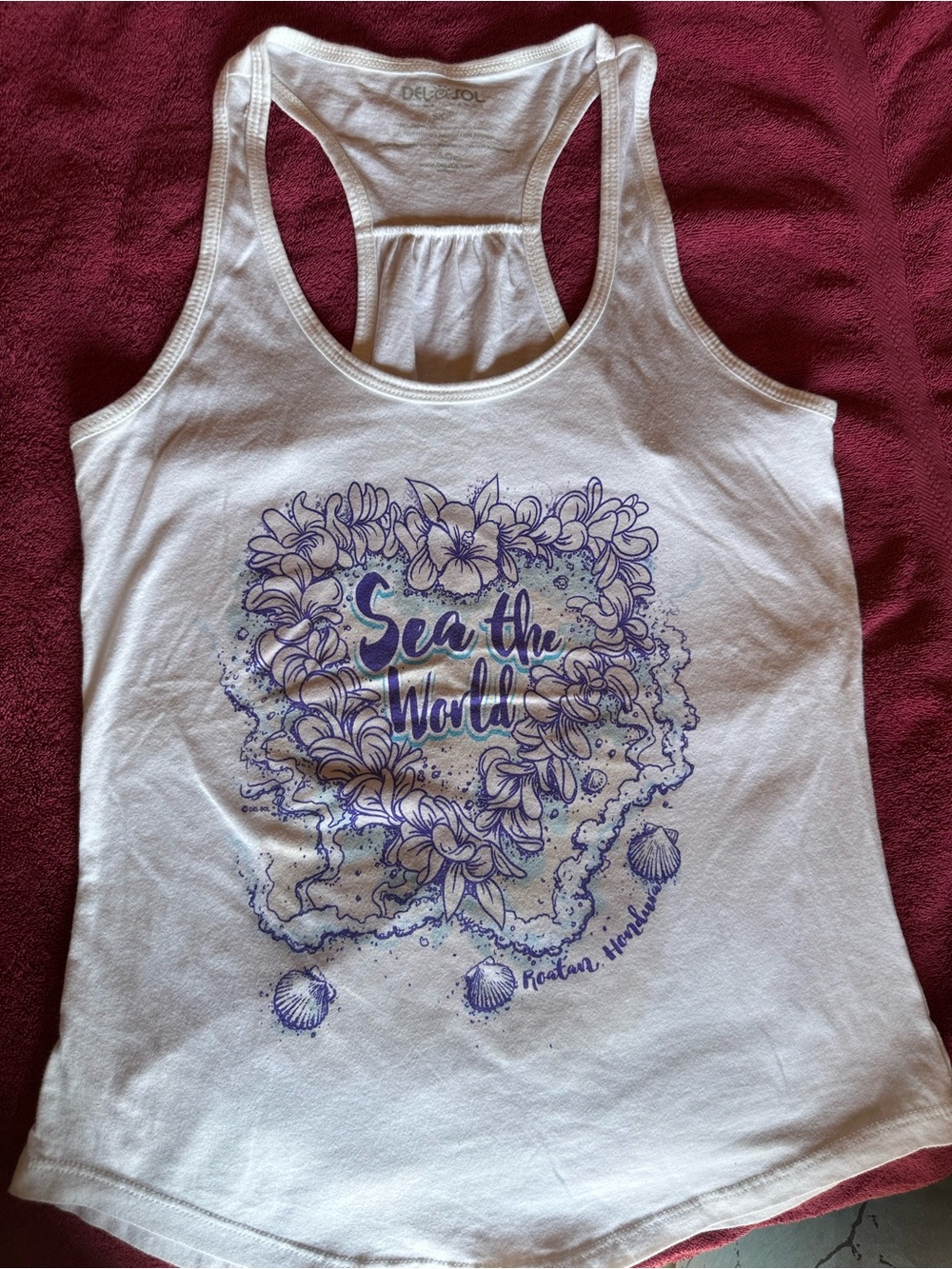 SHEIN White Racerback Tank with Purple Floral 'Sea the World' Graphic